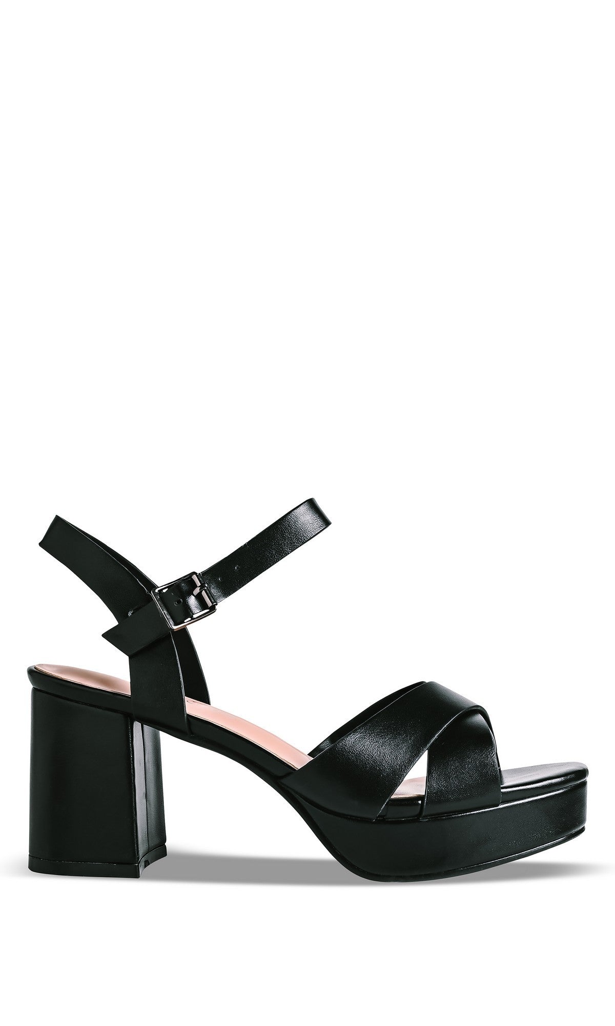 The Toby Black Prom Shoes: Touch Ups 4765 are black open-toe sandals made of faux leather with a chunky block heel, ankle strap, and buckle closure—ideal as stylish prom shoes.